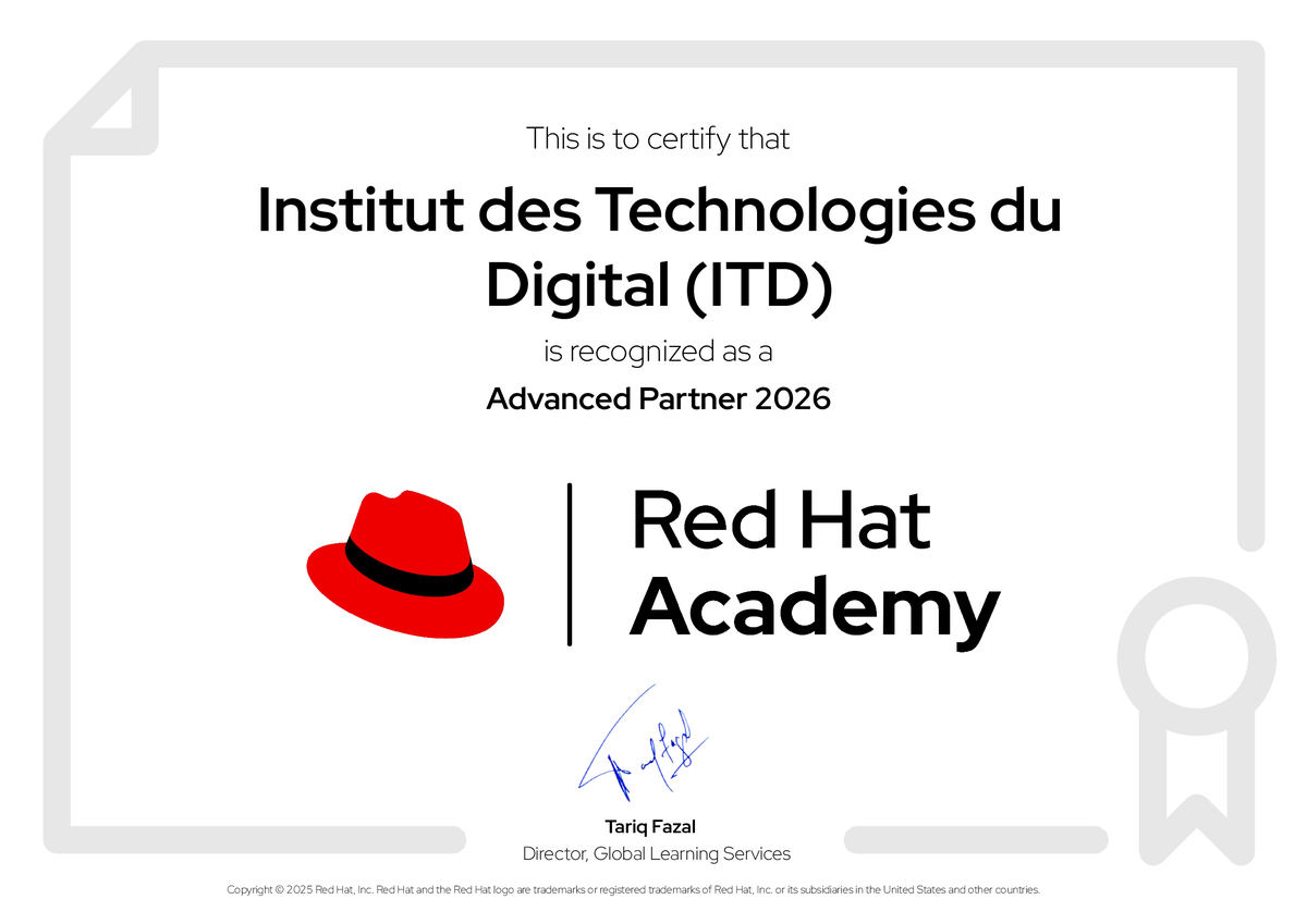 itd_sn's tweet photo. 🚀 @itd_sn  franchit un nouveau cap avec @RedHat Academy !

Nous avons le plaisir d’annoncer que l’Institut des Technologies du Digital (ITD) est désormais passé du statut Ready Partner au statut Advanced Tier dans le cadre de son partenariat avec Red Hat Academy.
#ITD
#RedHat https://t.co/FiE9dqPrCY