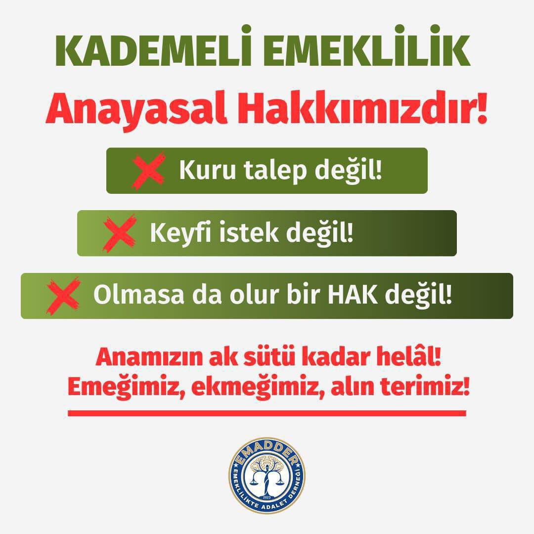 Kademeli Emeklilik Anayasal Hakkımızdır !

❌Kuru talep değil !
❌Keyfi istek değil !
❌Olmasa da olur bir HAK değil !

Anamızın ak sütü kadar helal !
Emeğimiz, ekmeğimiz, alın terimiz !

<a href="/EmadDernegi/">EMEKLİLİKTE ADALET DERNEĞİ ⚖️</a>
#KademeyiÇözünArtık