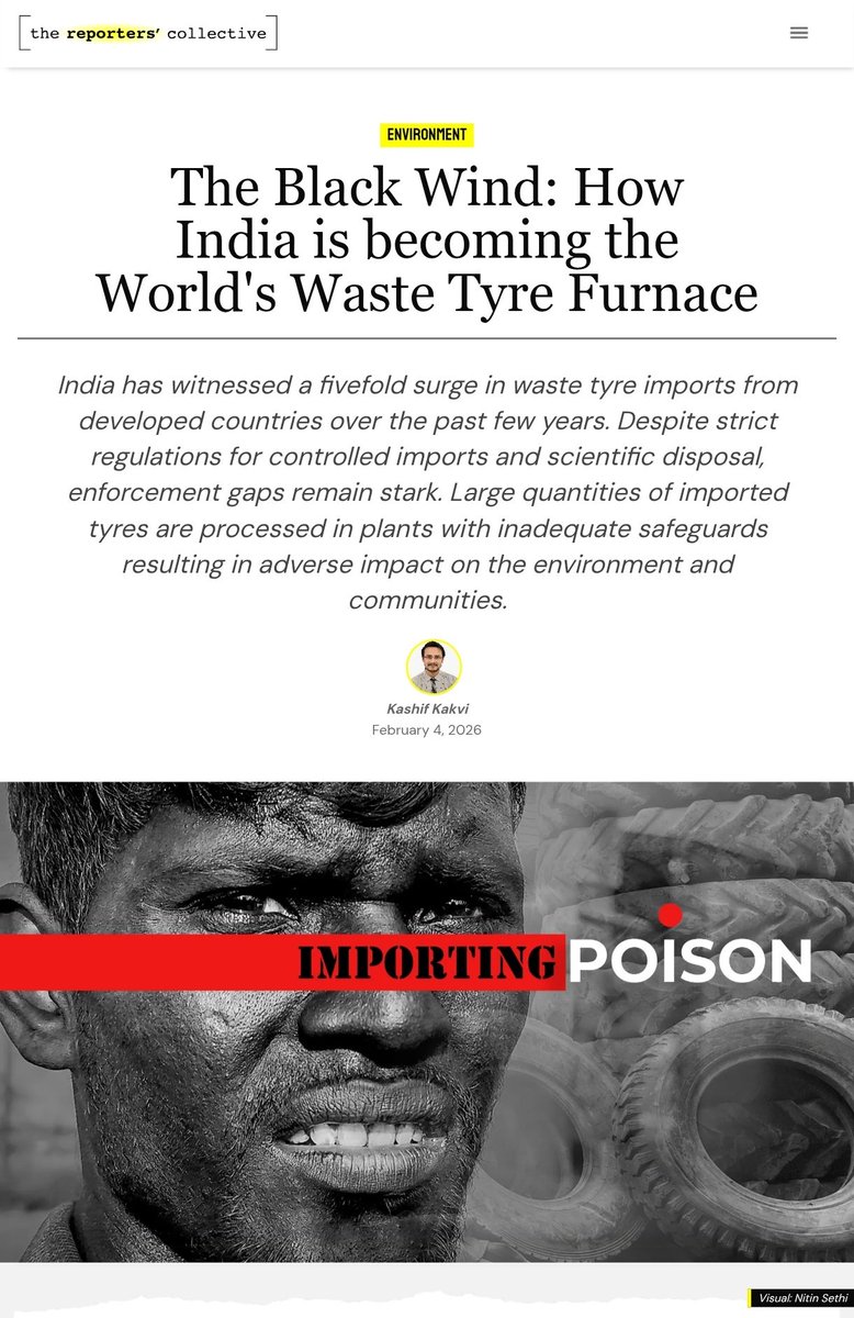 KashifKakvi's tweet photo. #WasteTyre #NewInvestigation

The issue of #WasteTyre has sparked concern in the #UK_Parliament, but it has not resonated in India even after a fivefold jump in imports.

Liberal Democrat MP @tessamunt
 said in April 2025 in the UK Parliament:

"Every day, the UK exports thousands of tonnes of waste tyres to India," implying that the UK is exporting its pollution to India.

She highlighted that UK tyres exported to India under 'green labels' are ending up in unauthorised pyrolysis units, ravaging the Indian environment and killing people.

She said, according to World Trade data, the UK exported 350 thousand tonnes of waste tyres (currently shipped) to India, out of the UK's total 600 thousand tonnes of waste tyres the Country generates.

Meanwhile, the Indian Govt and its MPs sleep in the Parliament on environmental issues. 
 
Read the story :-

"How India Becomes The Dumping Ground of Waste Tyre !"

https://t.co/0vXaawn6st