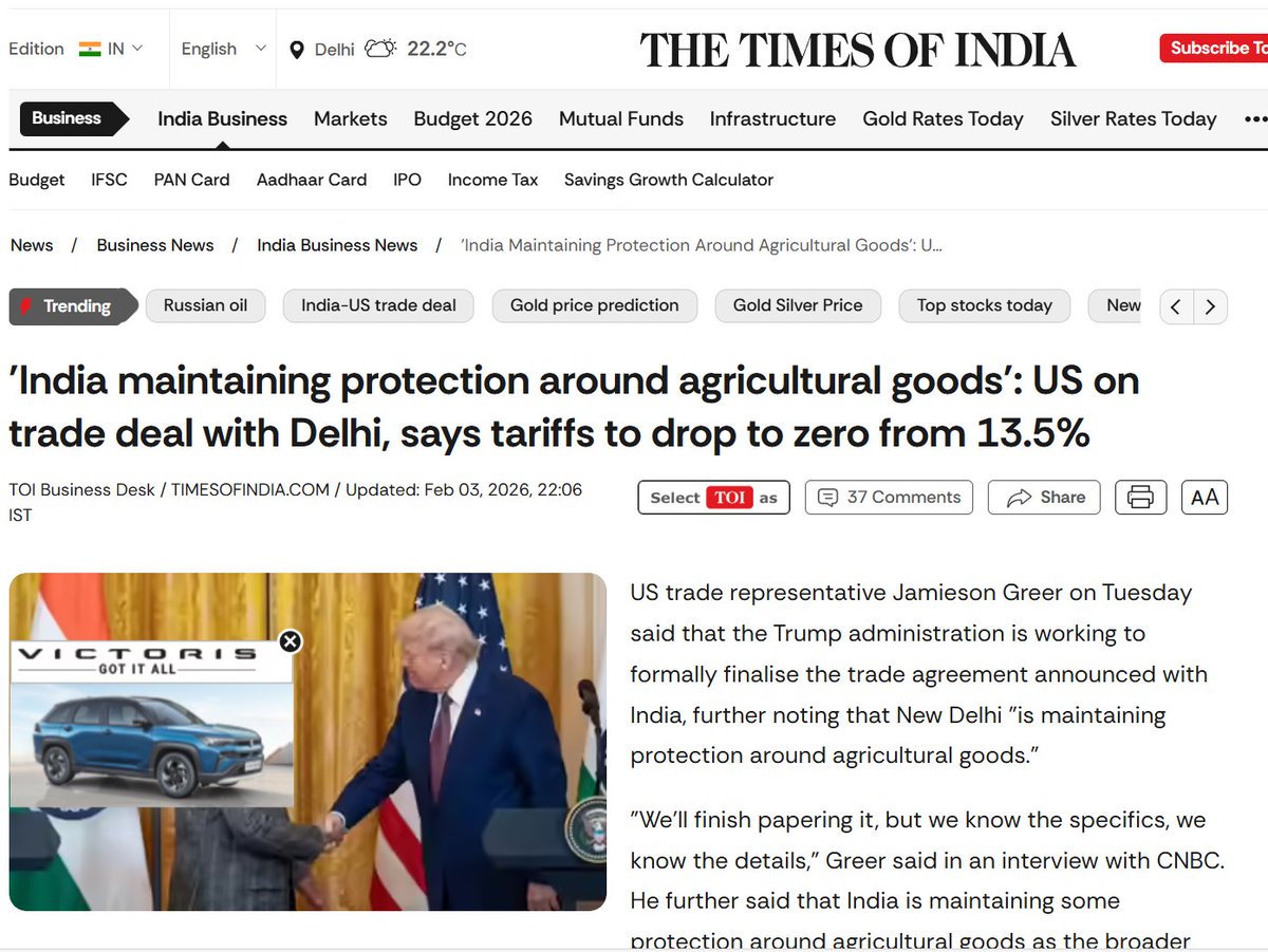RavindraPansar1's tweet image. 📄India–US Deal #NotSigned Yet 

- Only an in-Principle understanding 
- Govt Sources confirm #agriculture, #Dairy &amp;amp; #fisheries are Protected 
- No Opening of #Indianfarm Markets to Subsidised US Products 
- #MSP &amp;amp; #SmallFarmer interests remain Intact