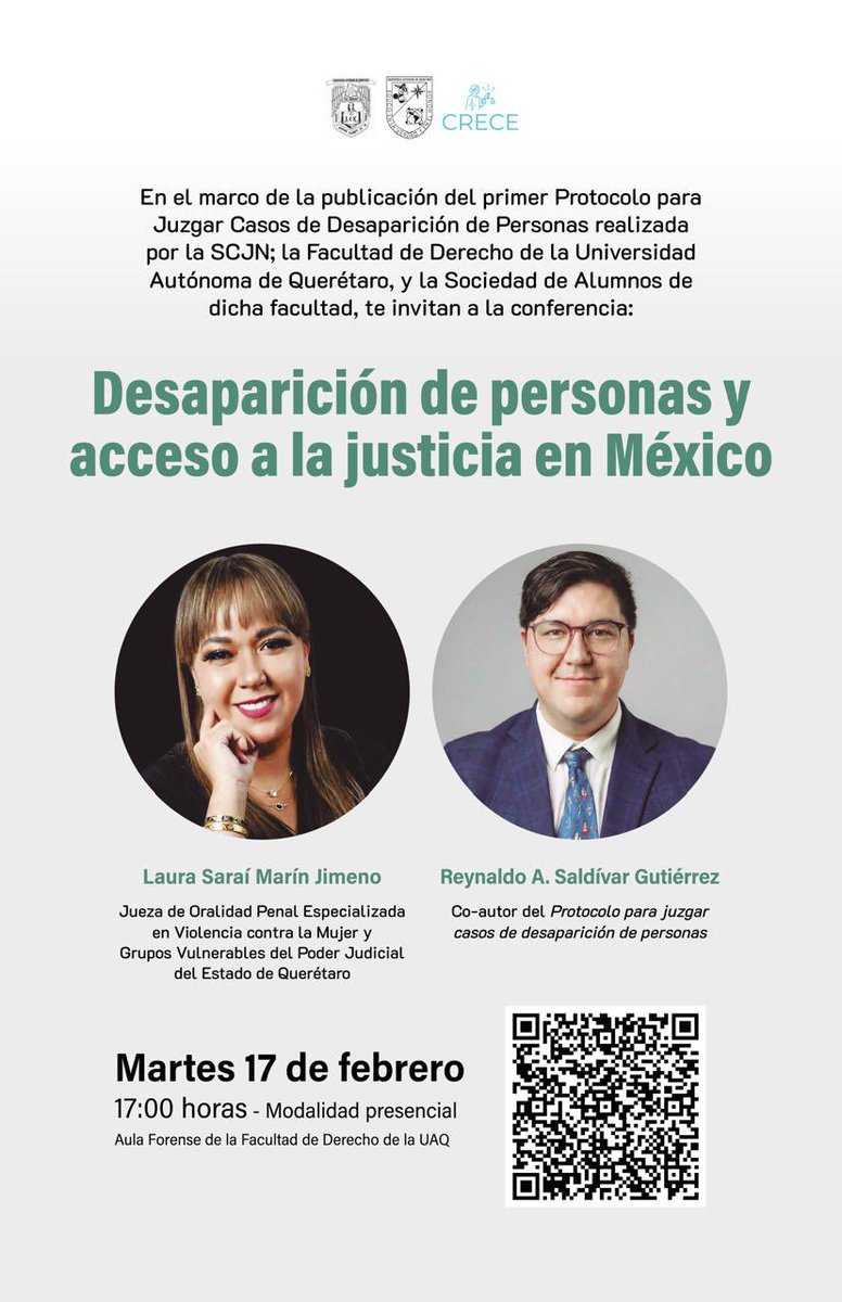 El 17 de febrero, a las 5:00 de la tarde en la <a href="/UAQmx/">UAQmx</a>, estará <a href="/lau_saraimarin/">Laura Saraí Marín Jimeno</a> conversando con <a href="/AurelianoBndia/">Reynaldo</a> sobre la desaparición de personas y su acceso a la justicia en México