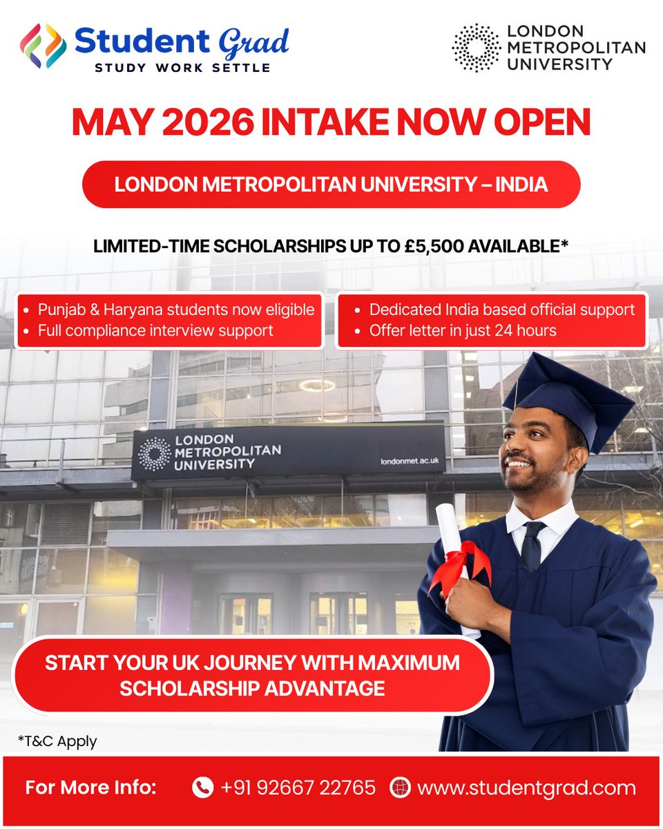 StudentGradLtd's tweet photo. May 2026 Intake Now Open – UK

Study at London Metropolitan University and earn a globally recognised degree. Apply through Student Grad for complete admission and visa support.

#StudentGrad #StudyInUK #LondonMetropolitanUniversity #May2026Intake https://t.co/rNQn8jq2Yv