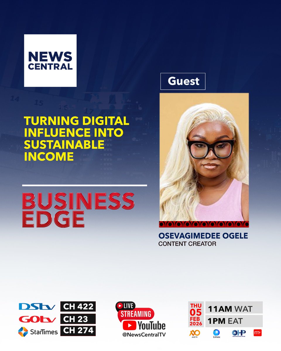 NewsCentralTV's tweet photo. #BusinessEdge tracks the numbers, the policies, and the people shaping the economy.

From Ghana's 3.8% inflation, to Senate revenue push, ₦3.6 trillion power subsidy, and how creators are monetising digital influence with guests @IsaacKofiAgyei, @SegunSopitan, Bode Fadipe, and @osevagimedee.