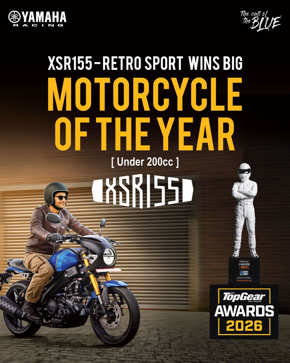 India_Yamaha's tweet photo. #XSR155 wins TopGear’s Motorcycle of the Year 2026 (under 200cc category)
#XSRMotorcycleoftheYear #XSR155 #BuildYourOwnWay #YamahaRacing #YamahaMotorIndia #TopGearAwards2026 #CallOfTheBlue https://t.co/DxoKZHSlgh