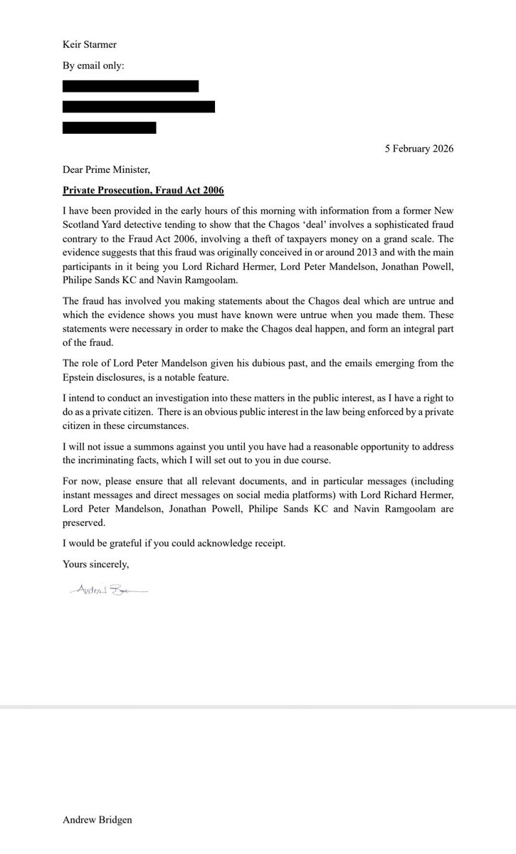Letter sent to Prime Minister Keir Starmer this morning regarding the Chagos Island fraud. Self explanatory. Please read and share.