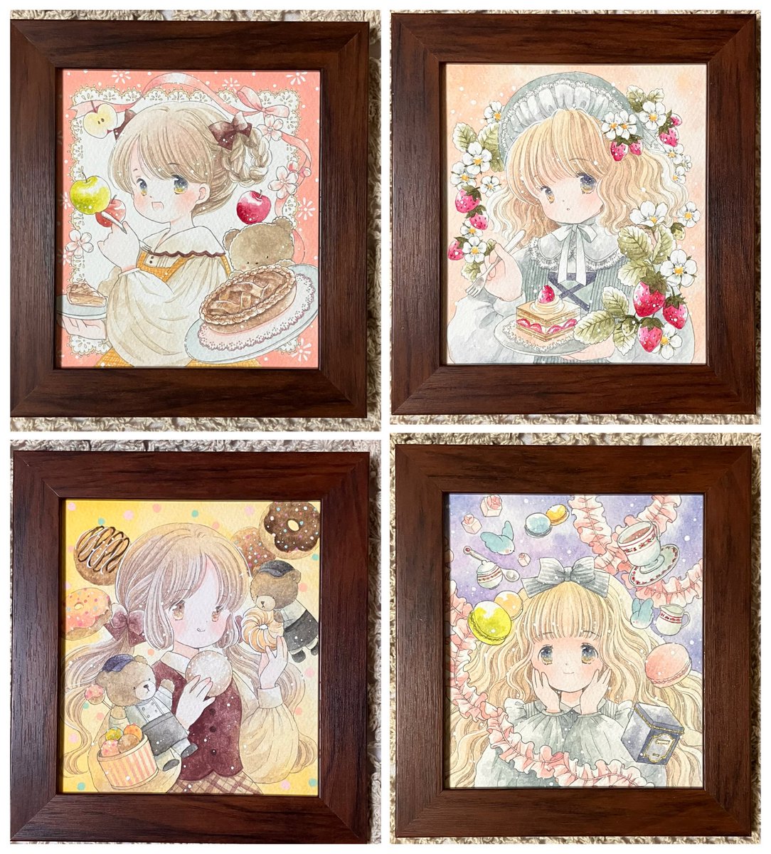 1/4色紙は4点です
女の子＆お菓子テーマで描きました

#原画市 
#原画市2026