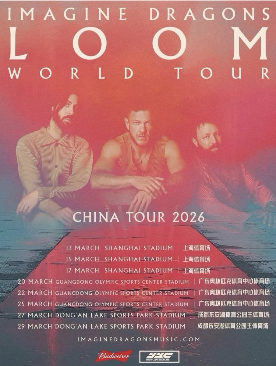 Imagine Dragons will continue the #LOOMWorldTour for just a little longer. They'll be performing 8 shows in China between March 13th and March 29th of this year.

shop.imaginedragonsmusic.com/pages/tour