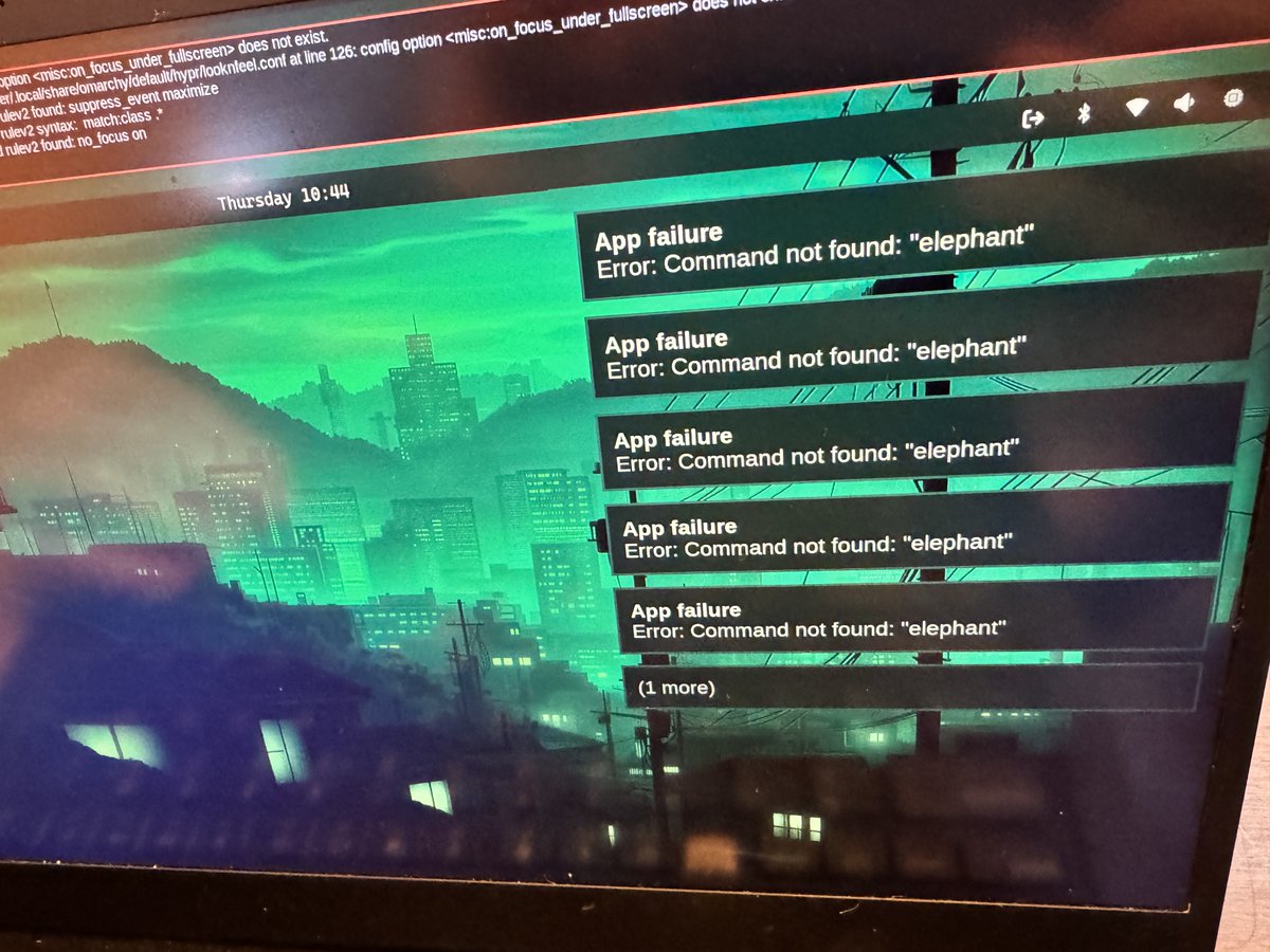 bitfalls's tweet photo. After running reinstall configs, can’t run terminal anymore either to run omarchy update.

Anyone managed to resolve these Omarchy issues? How do I force open a terminal with a malfunctioning UI? https://t.co/jLwwuQGnla
