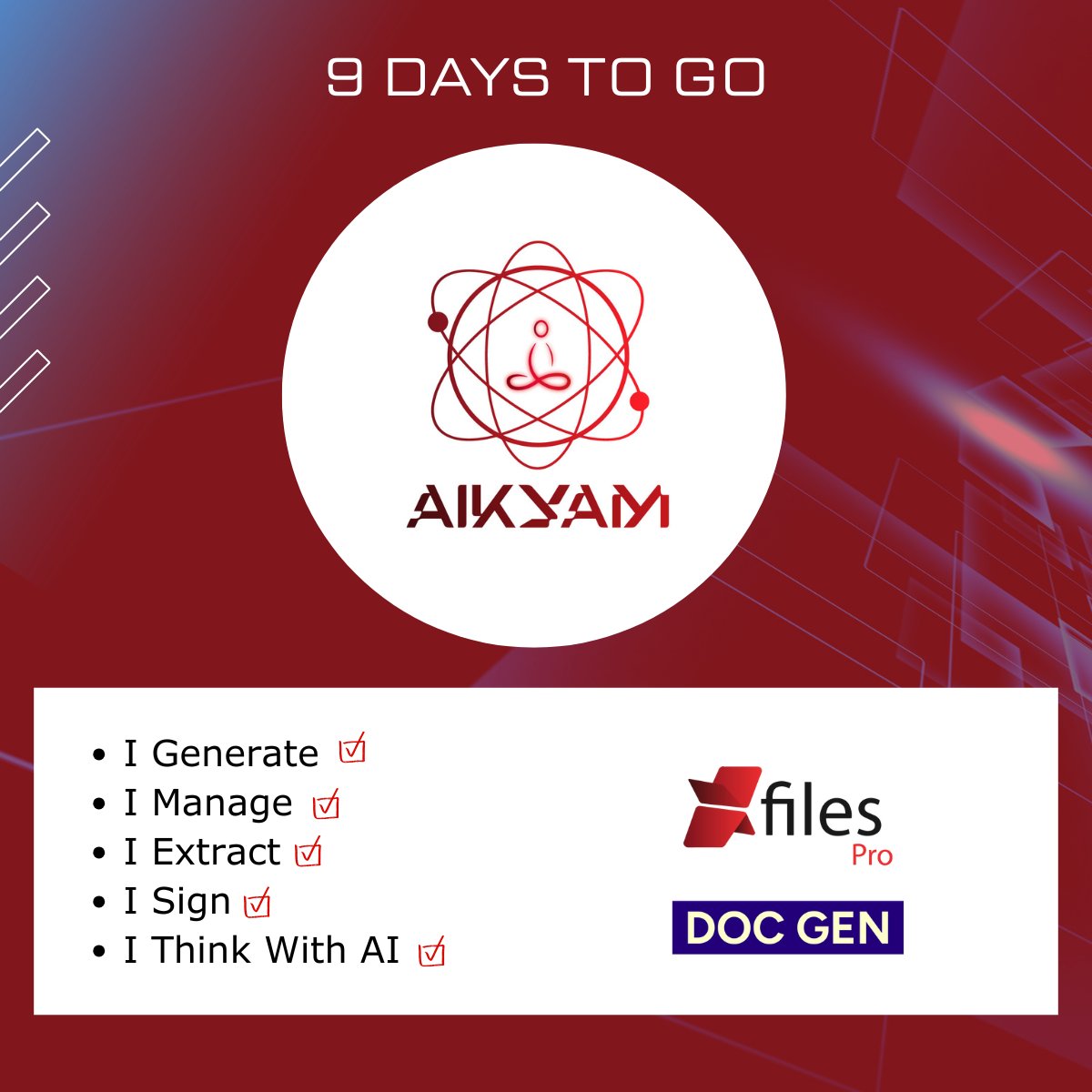 I_m_Sambit's tweet photo. 9 days to go.

Mature products don’t get announced.
They evolve.

At #AIKYAM2026, you’ll see how #XfilesProDocGen has changed gears - from generating documents to thinking through them. @xfiles_pro 

This is product maturity in motion.

More soon. 👀 https://t.co/oCYRcOnqAe