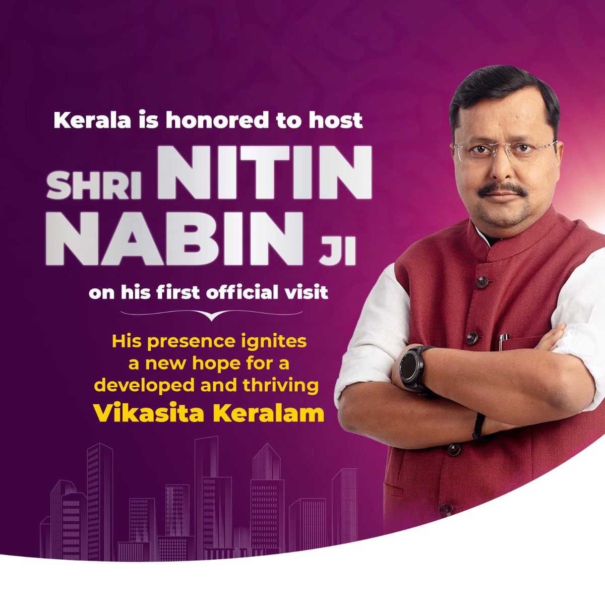 BJP4Keralam's tweet photo. A warm welcome to BJP National President Shri @NitinNabin Ji on his maiden visit to the state. 

His vision will launch our goal to the next level in progress.

#VikasitaKeralam https://t.co/GGkI8NNgJU