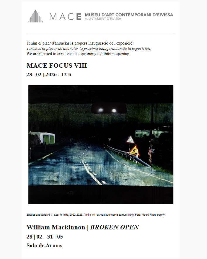 amicsmace's tweet photo. ¡Nueva cita en el MACE! 
Acompañamos a William Mackinnon en ‘BROKEN OPEN’, su primera exposición individual en un museo europeo. Una mirada íntima a los paisajes de la isla a través de la serie MACE FOCUS VIII.

🗓️ Inauguración: 28/02 - 12h 📍 MACE
¡Os esperamos! https://t.co/4gLVKFmQoy