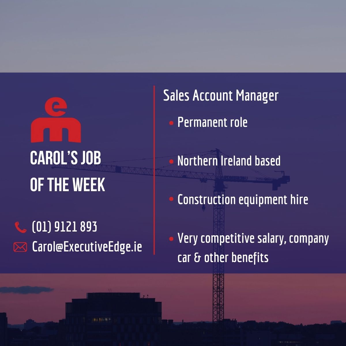 Carol has a brilliant opportunity in the construction hire equipment industry based in Northern Ireland. Call Carol on (01) 9121 893 to chat about the role.
Or, find out more at: executiveedge.ie/job/sales-acco…
#NorthernIrelandJobs