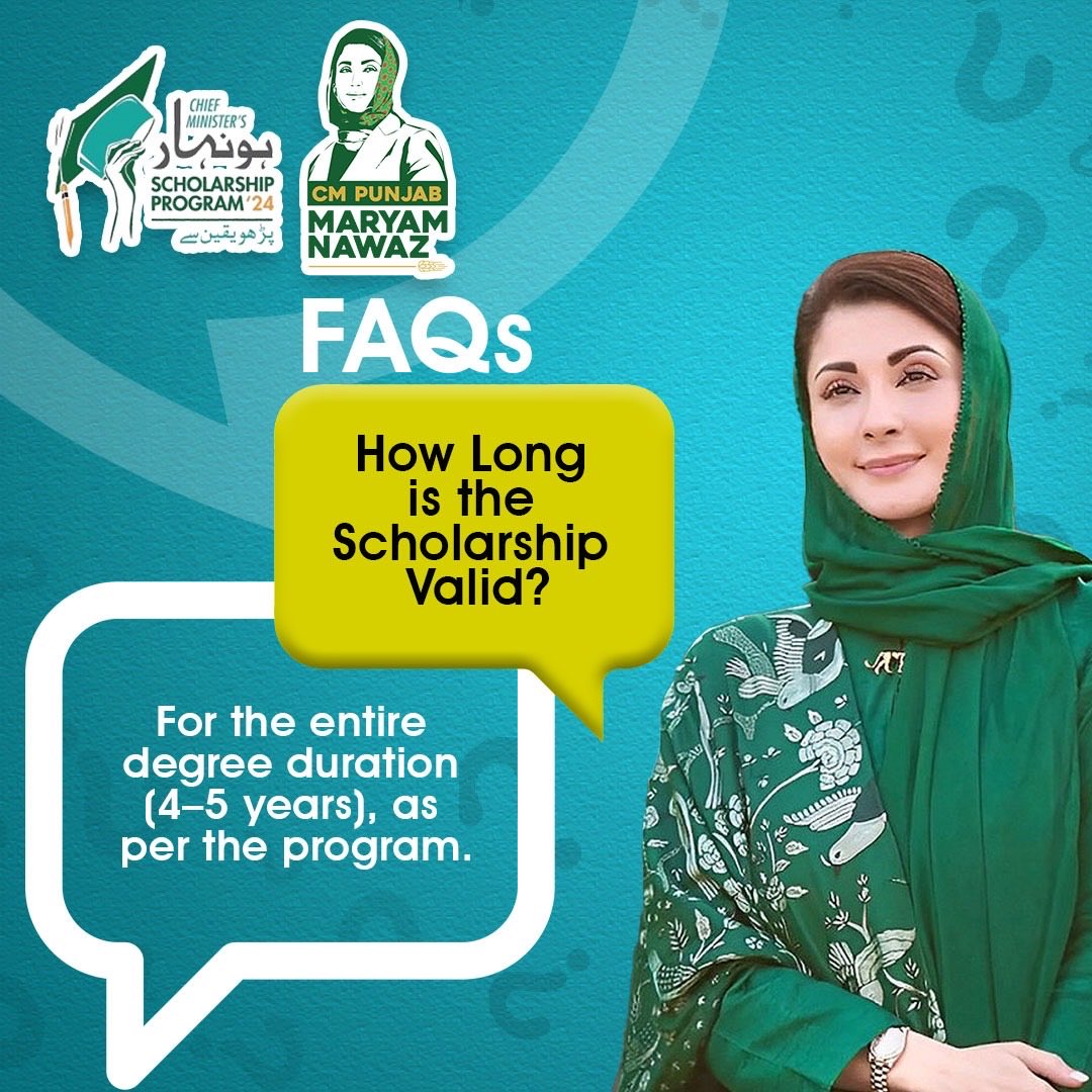 CmHonhaar's tweet photo. 🎓 CM Honhaar Scholarship & Laptop Program – FAQs 💻✨
❓How Long is the Scholarship Valid?
Empowering Pakistan’s youth through education and equal opportunity. 🌟
#CMHonhaarProgram #HonhaarScholarship #MeritBased #HigherEducation #PakistanYouth #FutureLearning https://t.co/jr0iva4PVv