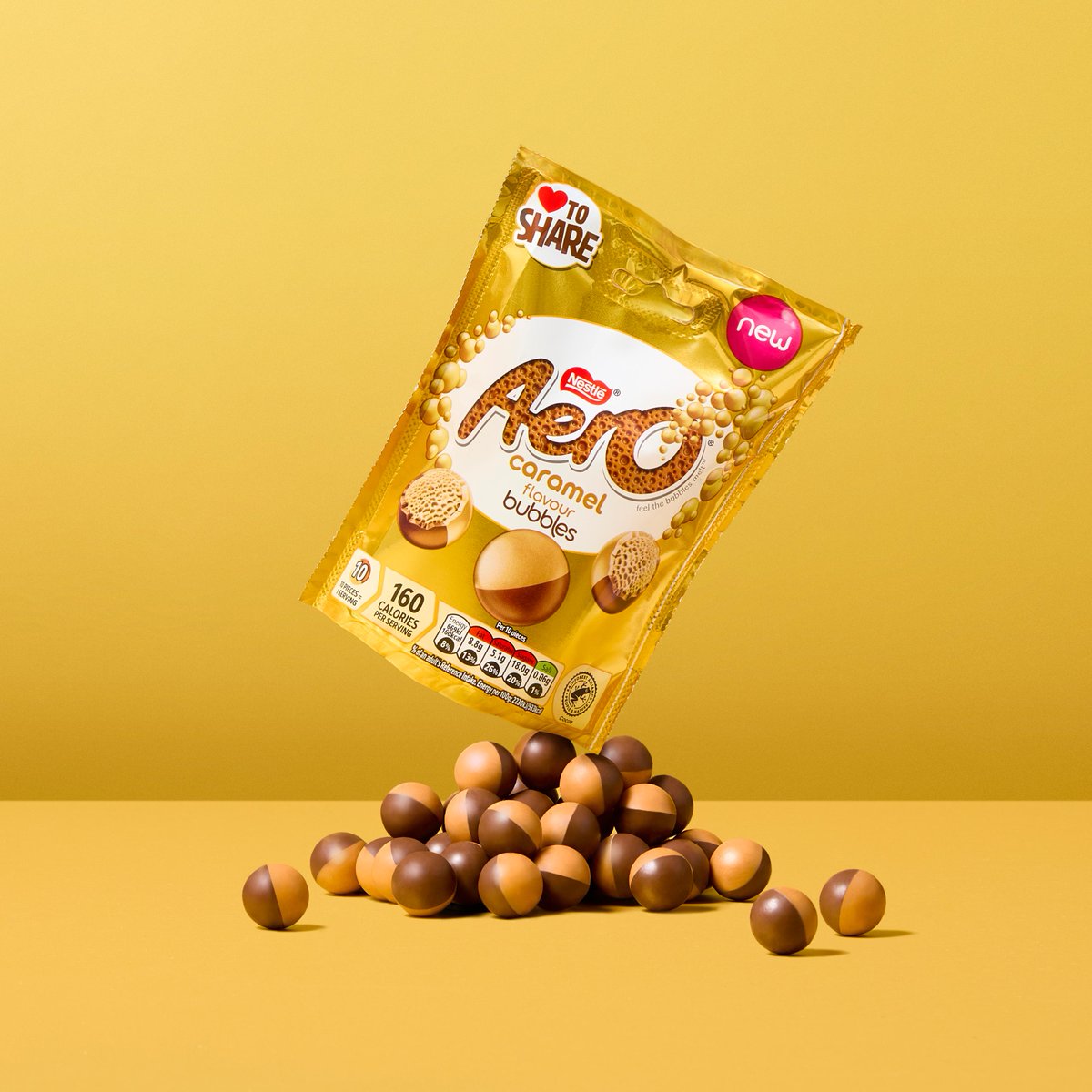 Aero's tweet image. NEW Aero Caramel flavour bubbles have hit shelves! 💛

The ultimate luxurious sweet treat - perfect for sharing 🤤