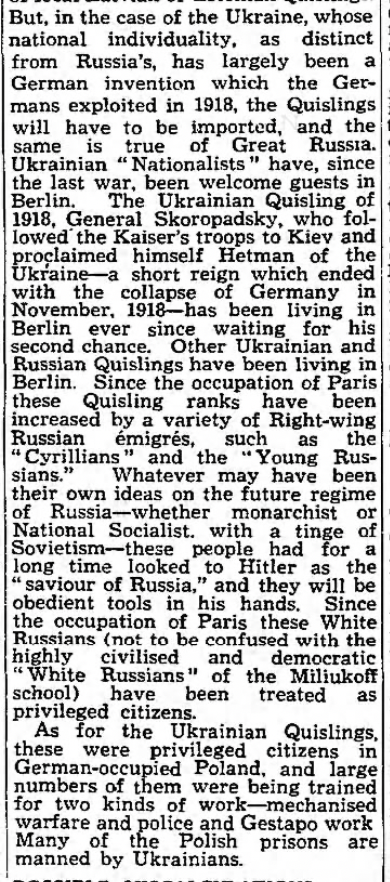 GarethJonesSoc's tweet photo. Interesting article by Alexander Werth in the Guardian the day after Germany's invasion of the USSR, correctly noting that Ukrainian Quislings, like Roman Shukhevych, would be accompanying Hitler's armies. He describes Ukrainian national identity as largely being a "German invention".