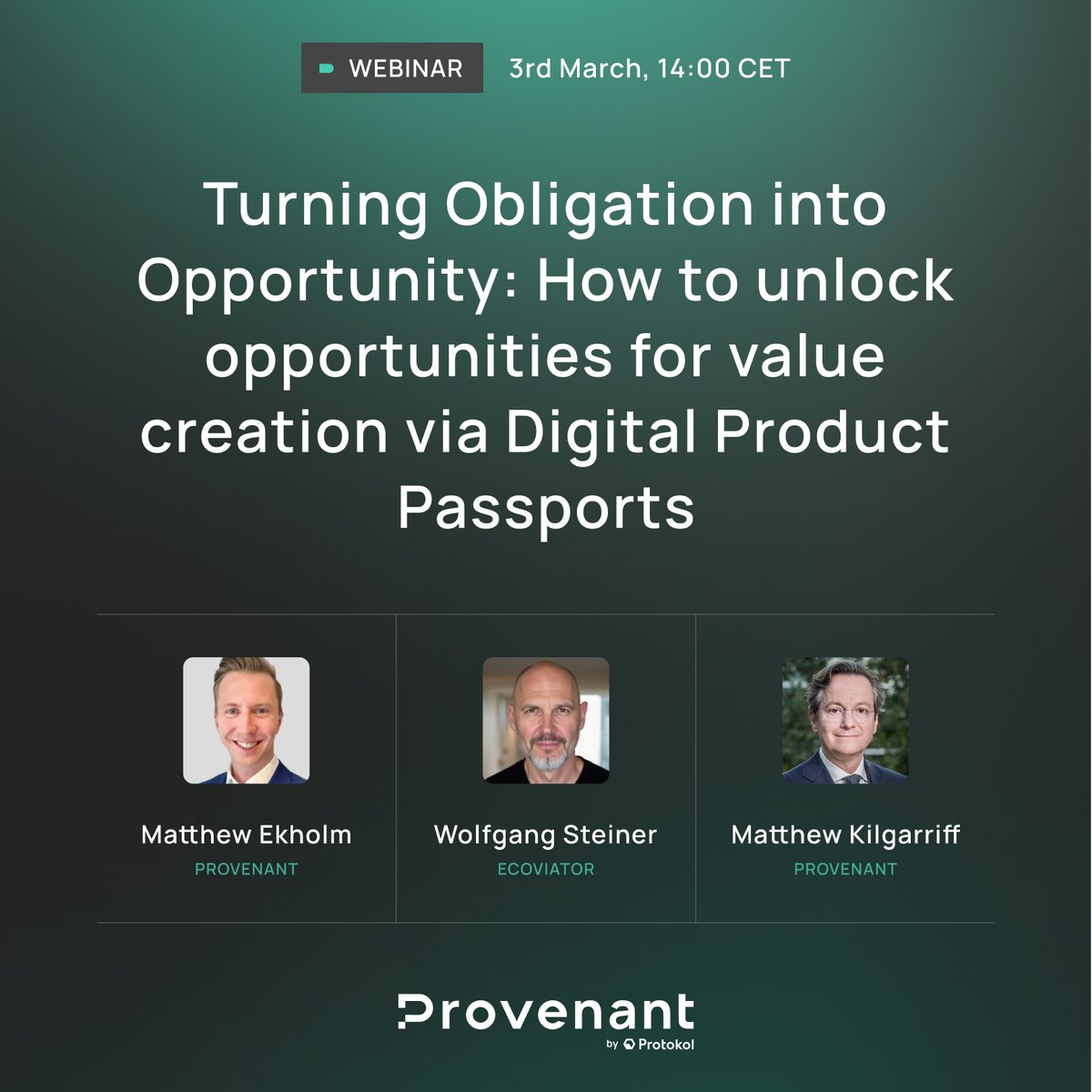 ProvenantDPP's tweet photo. WEBINAR: March 3rd | 14:00 CET

ESPR compliance is coming - but Digital Product Passports offer far more than just a regulatory box-ticking exercise.

Join Provenant’s Matthew Ekholm, Matthew Kilgarriff (Ex Richemont) and Ecoviator’s Wolfgang Steiner in this fireside chat to discover how to leverage DPPs for: 
✅ Enabling circular business models 
✅ Improving product traceability & transparency 
✅ Unlocking new customer engagement channels 
✅ Reducing compliance costs across multiple sustainability regulations

👉 Sign up now: https://t.co/bnDWhO6k2j 
#Webinar #DigitalProductPassports #DPP #Sustainability #ESPR #CircularEconomy