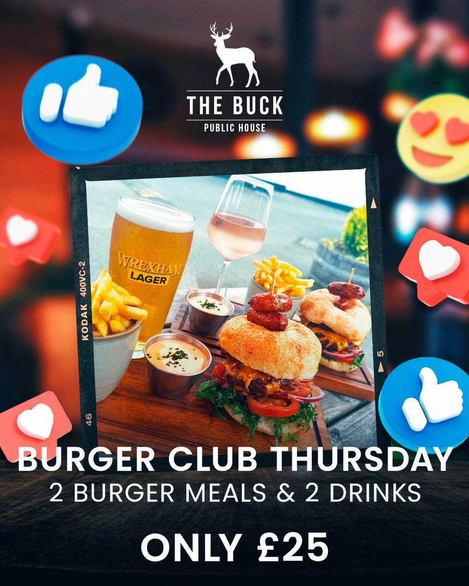 🍔 BURGER CLUB THURSDAY 🍔

2 Burger Meals &amp; 2 Drinks for just £25! 

Perfect midweek treat with mates 🤝

Unbeatable value, proper pub grub 👌

BOOK NOW