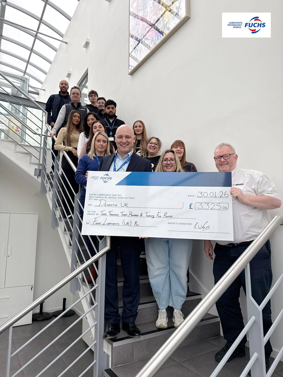 FUCHSLube_UK's tweet image. FUCHS UK are proud to share that the total raised for their 2025 chosen charity, Dementia UK is, £3325. 
 
Our chosen charity for 2026 is Suicide Prevention UK.
To join us in donating, click here ➡️ ow.ly/OvWA50Y7Iat
 
#FUCHS #MOVINGYOURWORLD #Charity