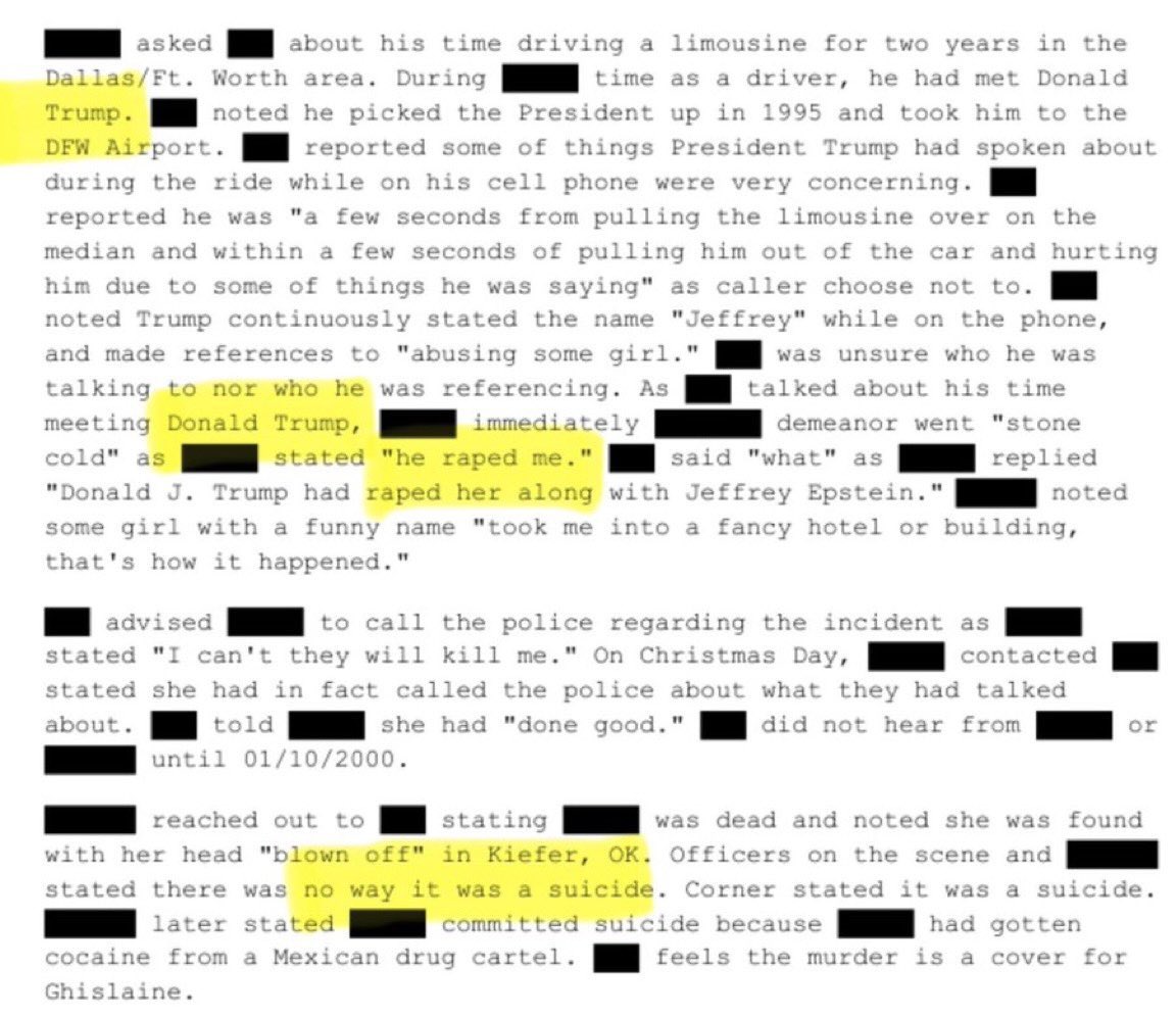 OunkaOnX's tweet image. The victim who made rape accusations against Donald Trump and Jeffrey Epstein was found with her head blown off. Police determined it was impossible for her to have died by suicide.