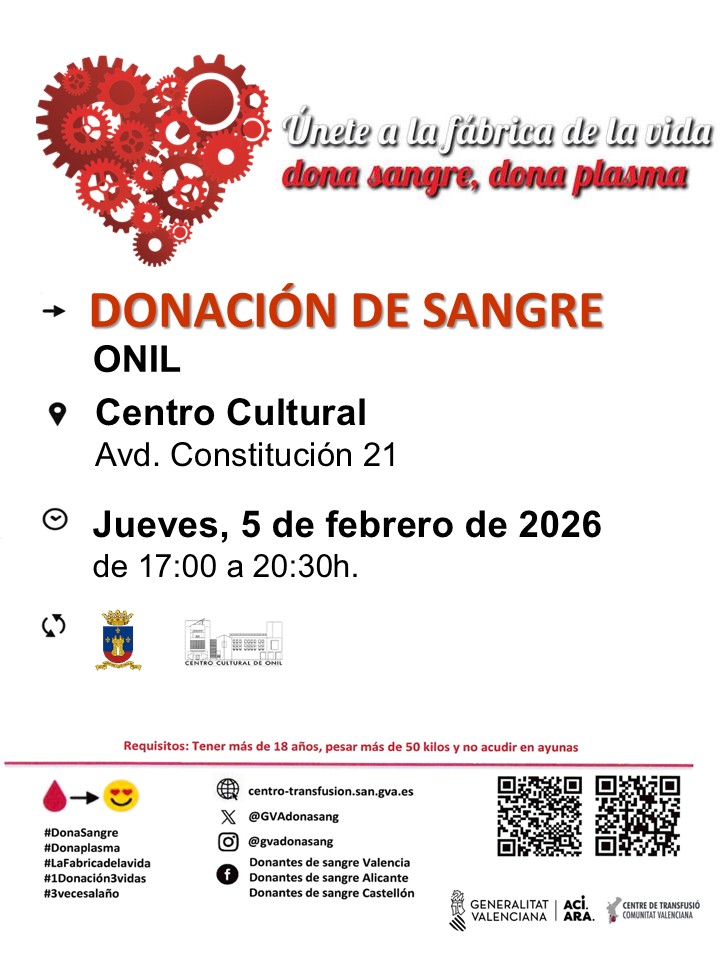 Donació de sang🩸 a #Onil; 5 de febrer 2026, de 17 a 20.30h, al Centre Cultural Eusebio Sempere d'Onil (Av. de la Constitució, 21). Anima't i comparteix vida! Donant sang 🩸 col.labores amb hospitals en atenció malalts. La teua ajuda pot salvar la vida de 3 persones
<a href="/GVAdonasang/">GVA Dona Sang</a>
