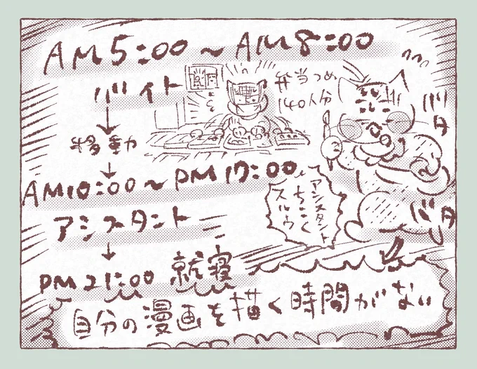 【ハードモード 漫画家アシスタント時代 バイト掛け持ち編】

28歳-29歳の頃かな?
ほんの1-2ヶ月だけど、生活費の足しに、早朝の弁当詰バイトとアシスタントを掛け持ちしていた時期がある

金銭的には助かったけど、仕事がある日は漫画が描けないので大変だった 