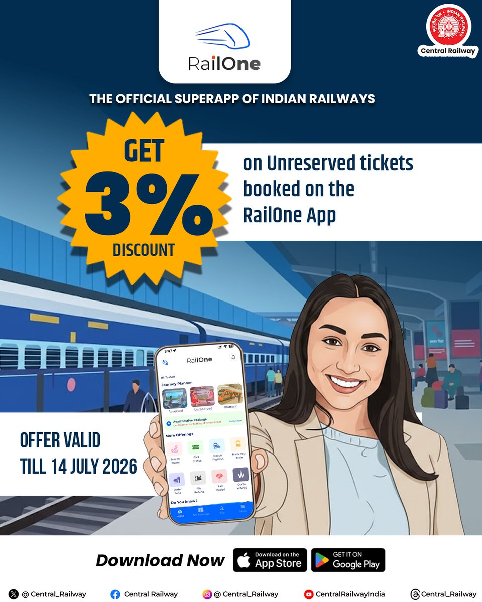 Central_Railway's tweet image. Switch to Digital. Enjoy Extra Savings. 🚆

Book unreserved tickets digitally and enjoy 3% instant savings via the RailOne App. ✨
A secure, convenient and smarter way to make your everyday travel hassle-free.

Offer valid till 14 July 2026

#CentralRailway #RailOneApp