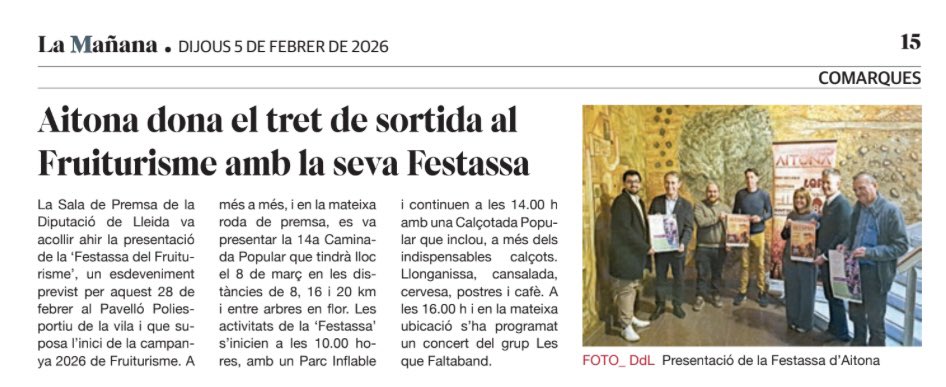 AraPacte's tweet photo. Els diaris de Lleida es fan ressò de la presentació de la Festassa de @Fruiturisme i de la Caminada en benefici del @CISAngelOlaran 
@SEGREcom @LaManyanacat 
#arapactelocal https://t.co/ZaB08UlD2a