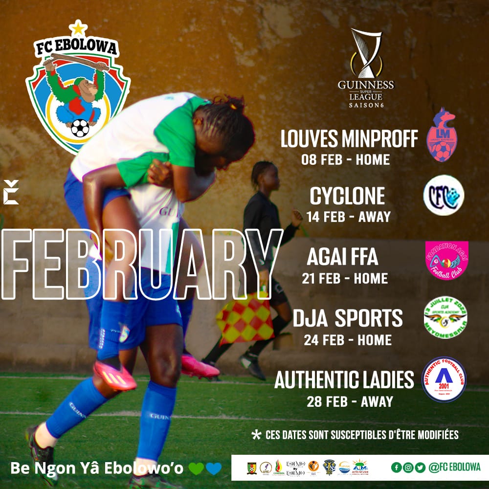 FCEbolowa's tweet photo. Février en mode combat ! 🦍⚽
🏠 3 Matchs à la maison
✈️ 2 Déplacements
#WeAreBeNgonYâEbolowoo🦍💚💙
#Vice_Championnes2025🇨🇲🏆🥈
#Championnes2024🇨🇲🏆🥇
#FebruarySchedule
@PortOfKribi
@edimosports
@Camfool_
#AfrimvoeMedicalServices
#ASMIS
#EnsembleEcrivonslHistoire https://t.co/X3ezHEKFcb