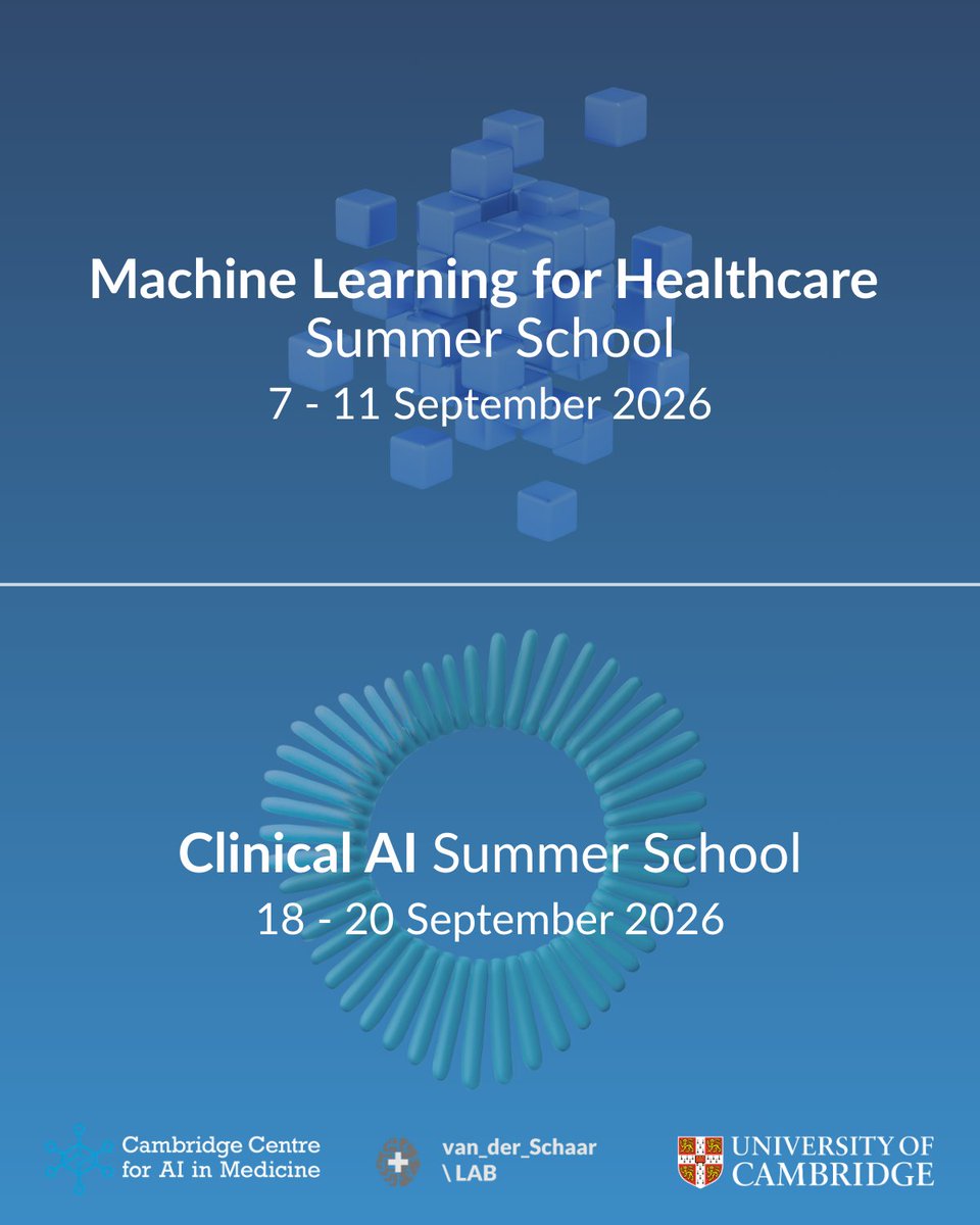 CC4AIM's tweet photo. We’re delighted to share the dates for the CCAIM Summer Schools 2026!
This September, we’ll again host two intensive programmes:

Machine Learning for Healthcare
7–11 September 2026
Clinical AI
18–20 September 2026

Keep an eye on our website:
https://t.co/fK1szpSiTv https://t.co/SqjJxnHJuw
