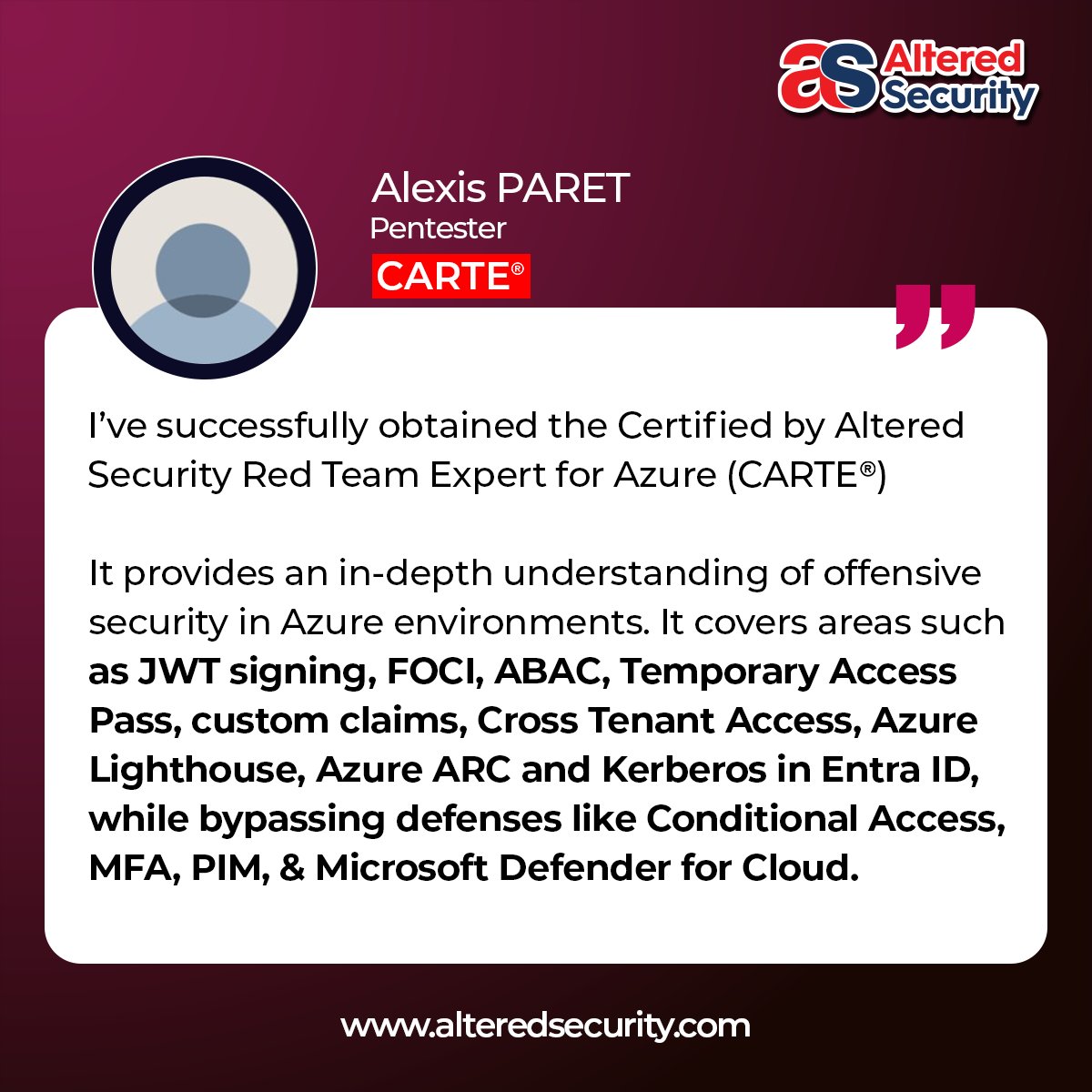 AlteredSecurity's tweet photo. Student Love ❤ | CARTE® Edition
Deep Azure attack paths, Entra ID abuse, and real-world defense bypasses - CARTE® achieved!
#CARTE #AzureRedTeam #OffensiveSecurity #AlteredSecurity