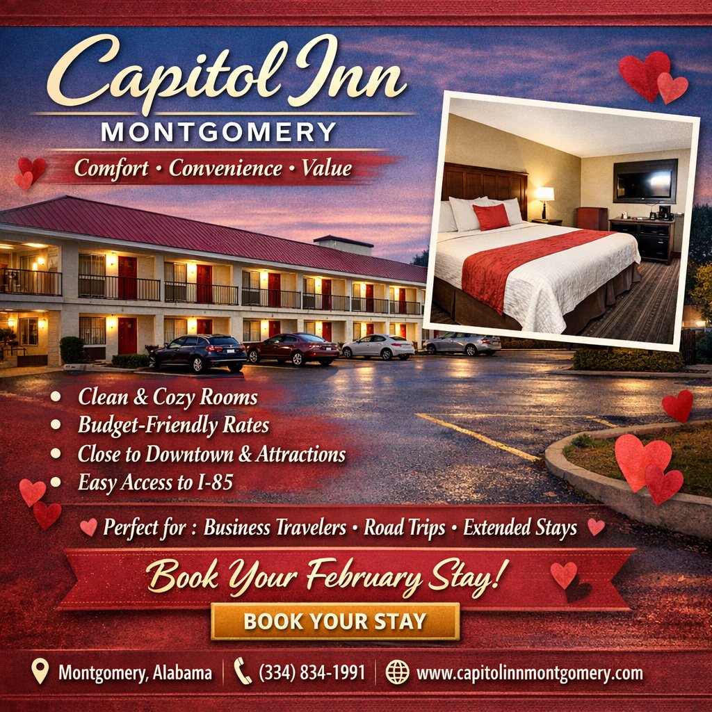 February travel made simple. Enjoy comfort, convenience, and value at Capitol Inn Montgomery. A reliable stay right where you need to be.
📞 +1 (334) 269-1561
#CapitolInnMontgomery
 #MontgomeryAL
 #FebruaryTravel
 #AffordableStay
 #ComfortAndValue
 #Business