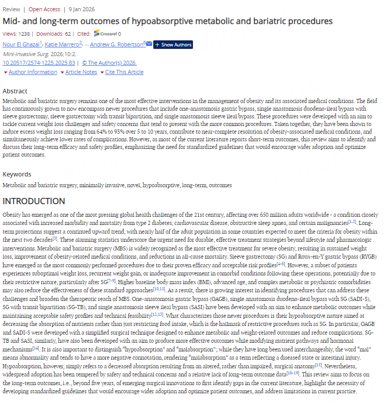 MiniSurgery's tweet image. Review | Hypoabsorptive Bariatric Surgery
Long-term outcomes (5–10 yrs) 🩺
✨ OAGB, SADI-S, SG-TB, SASI
✨ 64–93% excess weight loss
✨ Resolution of obesity-related conditions
👤 Nour El Ghazal, Katie Marrero, et al.
📖 oaepublish.com/articles/2574-…
#BariatricSurgery #MetabolicSurgery