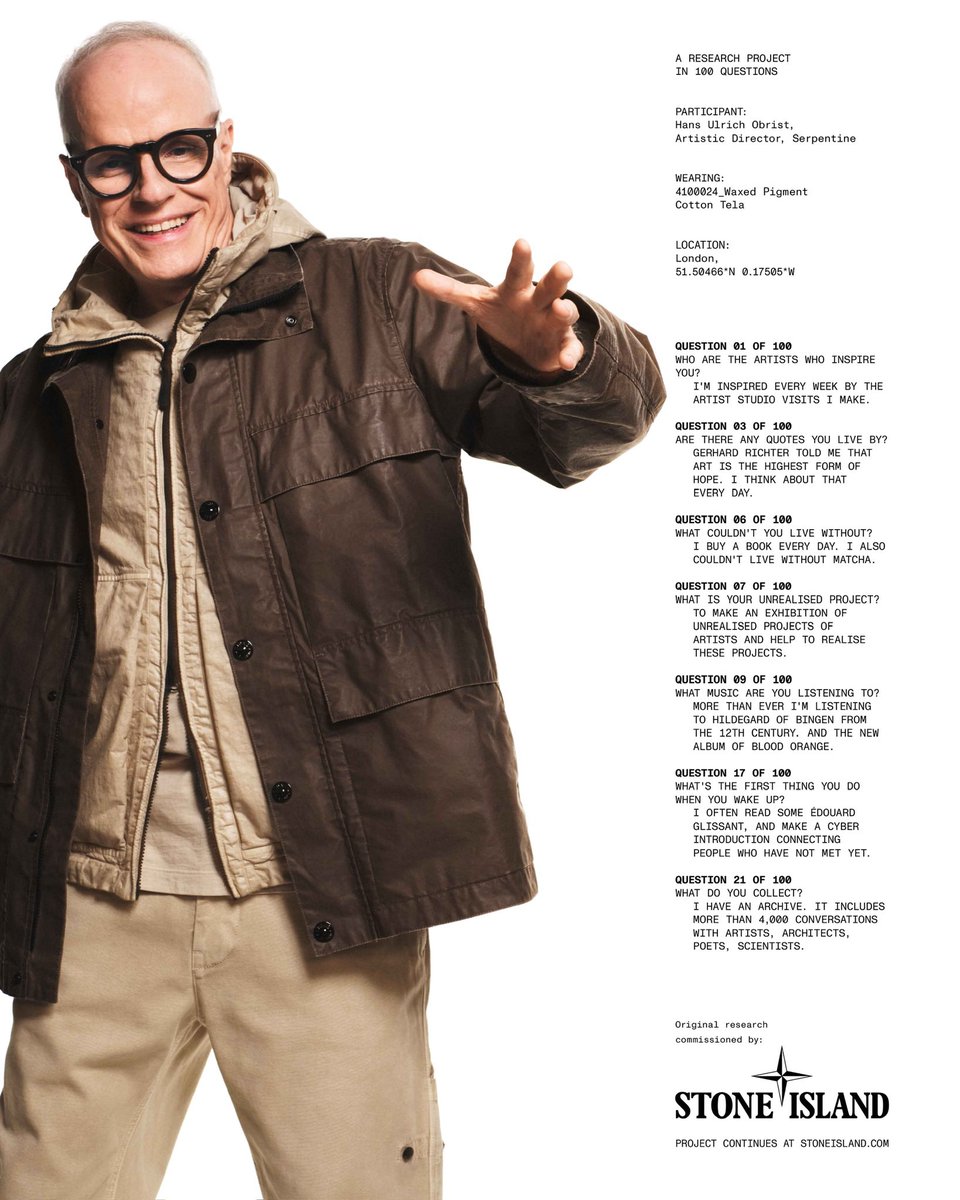 stoneisland's tweet image. Artistic Director of the Serpentine Galleries Hans Ulrich Obrist wears 4100024 Waxed Pigment Cotton Tela jacket from the Spring_Summer '026 collection. Taken from ‘Community as a Form of Research’. 
 
#StoneIslandSS26 #TheCompassInside