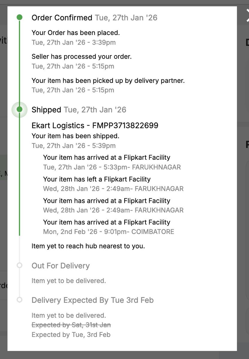 sanjayshankarr's tweet image. Disappointed with @Flipkart @flipkartsupport. Ordered Jan 27, delivery promised Jan 31. Tracking changed Jan 29 to Feb 2 in CBE—stop manipulating data! Incident #IN26013111504135446747 deadline is TODAY. Resolve this. @_Kalyan_K @jagograhakjago @consaff #FlipkartScam