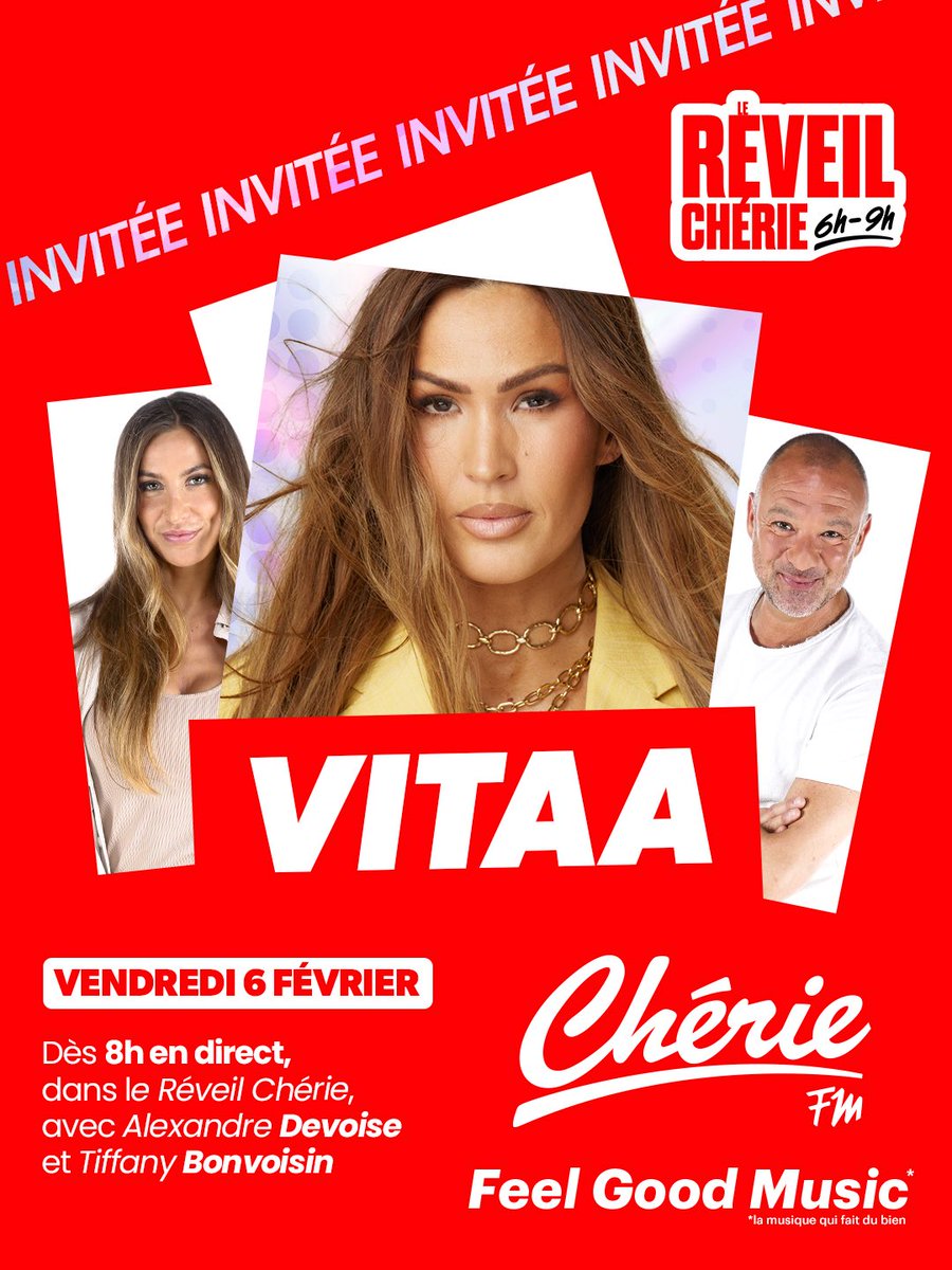 Demain, on démarre la matinée avec une voix qu’on adore 😍
Notre sœur <a href="/VITAA/">V I T A A</a> sera en direct dans le #ReveilCherie dès 8h avec Alexandre et Tiffany sur #ChérieFM !
Elle chantera en live son single « Ça fait mal » 🎤