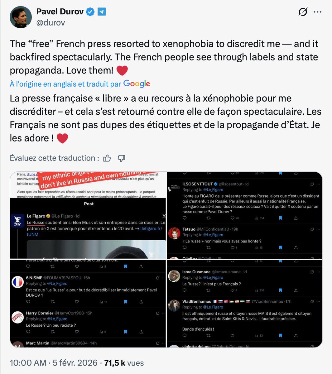 🔴🇫🇷 𝗔𝗟𝗘𝗥𝗧𝗘 𝗜𝗡𝗙𝗢 — Le fondateur de Telegram, Pavel Durov, remercie les Français après avoir été discrédité par une partie de la presse.

« La presse française "libre" a eu recours à la xénophobie pour me discréditer – et cela s’est retourné contre elle de façon