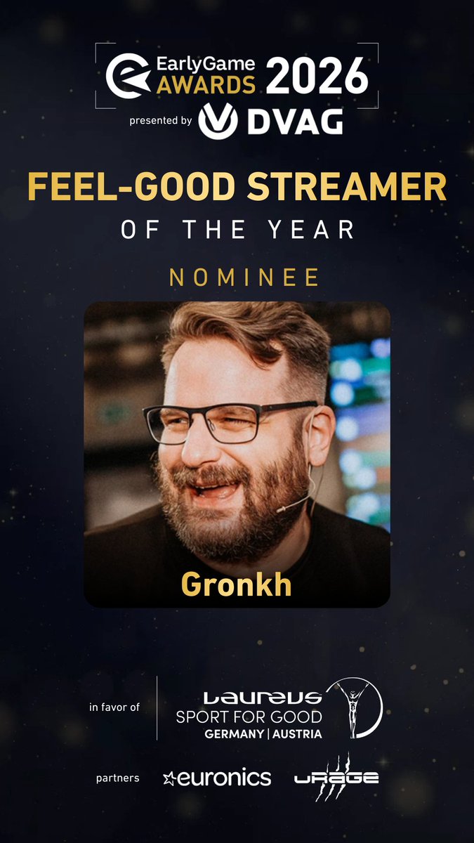 Absolut verdient:
<a href="/Gronkh/">𝑮𝑹𝑶𝑵𝑲𝑯</a>  ist nominiert für den/die FEEL GOOD Streamer/in 2026

Jetzt zählt eure Stimme: earlygame.com/de/awards/earl…

#EarlyGameAwards2026