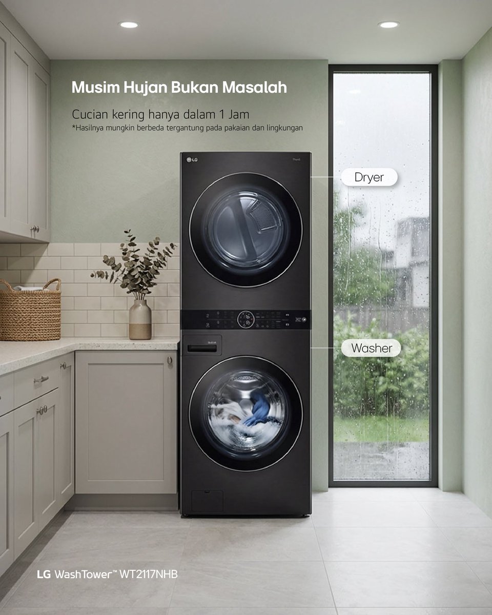 Musim hujan sering membuat proses mencuci dan mengeringkan pakaian menjadi tantangan.

LG WashTower™️ hadir sebagai solusi praktis dengan fitur Quick Wash &amp; Dry yang memungkinkan proses pencucian hingga pengeringan selesai dalam sekitar 1 jam. Tanpa perlu dijemur, pakaian tetap