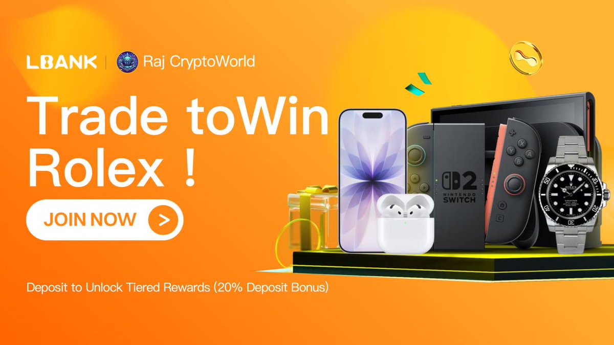 Web3_Raj's tweet photo. Trade &amp; win premium rewards + 20% deposit bonus

Hit futures volume targets and claim prizes 👇
🎧 3M USDT. AirPods Pro 3
🎮 5M USDT. Nintendo Switch 2
📱 9M USDT. iPhone 17
💻 12M USDT. MacBook Air
⌚ 100M USDT. Rolex Submariner

Join here 👇
https://t.co/7OShn1gDEG https://t.co/wphGrsBjdT