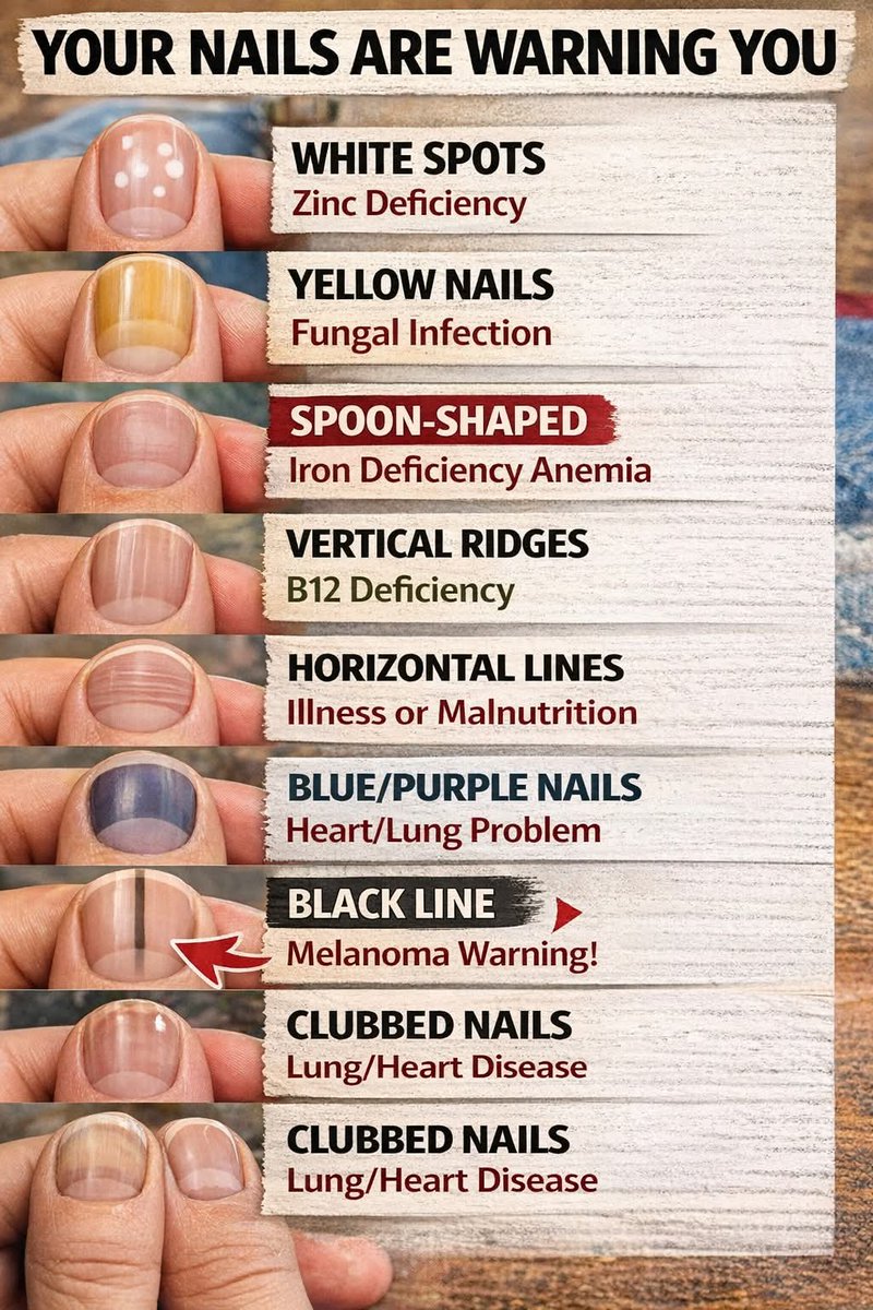 MarieNoell95359's tweet image. “Don’t Ignore These Nail Changes – They Signal Disease”

What your nails reveal about your health can warn you about vitamin deficiency, anemia, heart problems, and serious diseases. Learn how nail color and shape indicate hidden health issues.
Your nails can show early signs