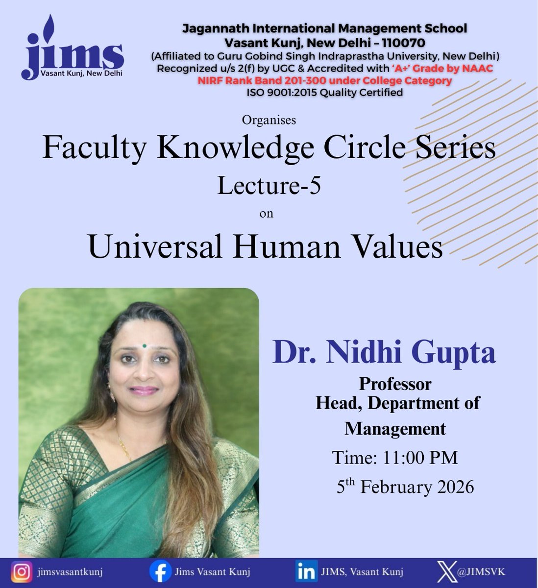 This week, the Faculty Knowledge Circle, features the sessions on “Power of Compounding and Financial Freedom” by Dr. Meenakshi Narula, Professor and Director, JIMS Vasant Kunj, and “Universal Human Values” by Dr. Nidhi Gupta, Professor and Head, Department of Management.
