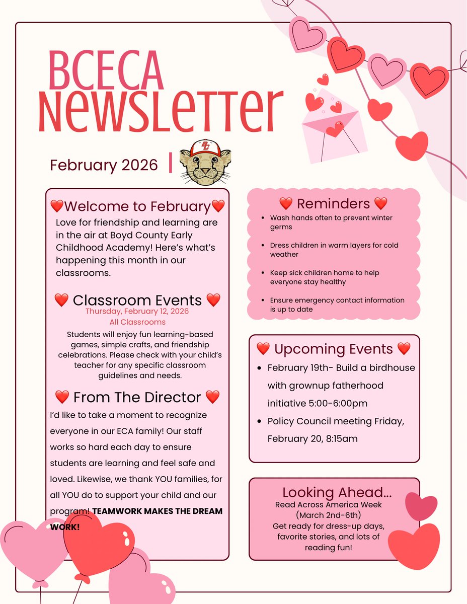 Take a look at our ECA February Newsletter, prepared by our Mrs. Lori Jacobs!🦁🐾❤️