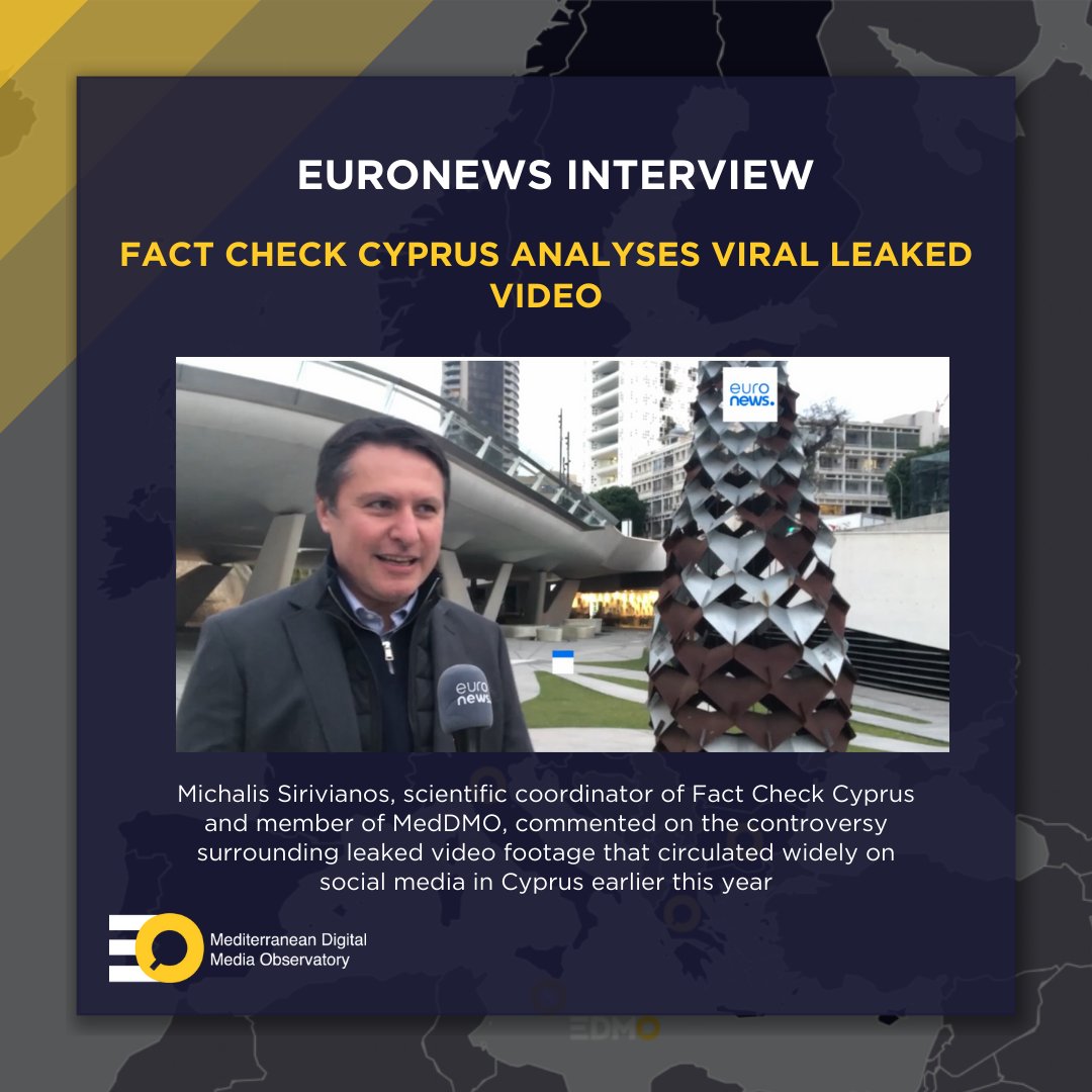 MEDDMOhub's tweet photo. Our experts have recently contributed to international media discourse on disinformation, featured in @euronews.

The interview presents an analysis by @FactCheckCyprus of a viral leaked video that has generated significant public attention in Cyprus. 

While the technical review did not reveal evidence of deepfake manipulation, the dissemination patterns and the digital provenance of the publishing account raise critical concerns. 

The investigation further identified indications of coordinated activity, including the potential deployment of artificial intelligence to construct an online persona and the strategic use of authentic audiovisual material in a manner that could influence public opinion.

This case underscores the increasing sophistication of contemporary disinformation campaigns and highlights the essential role of collaborative, cross-border fact-checking initiatives in preserving the integrity of public information.

▶️ View the full segment here:

 https://t.co/gaWZXdG6VV

#EDMOeu #MedDMO #Disinformation #AI #FactChecking