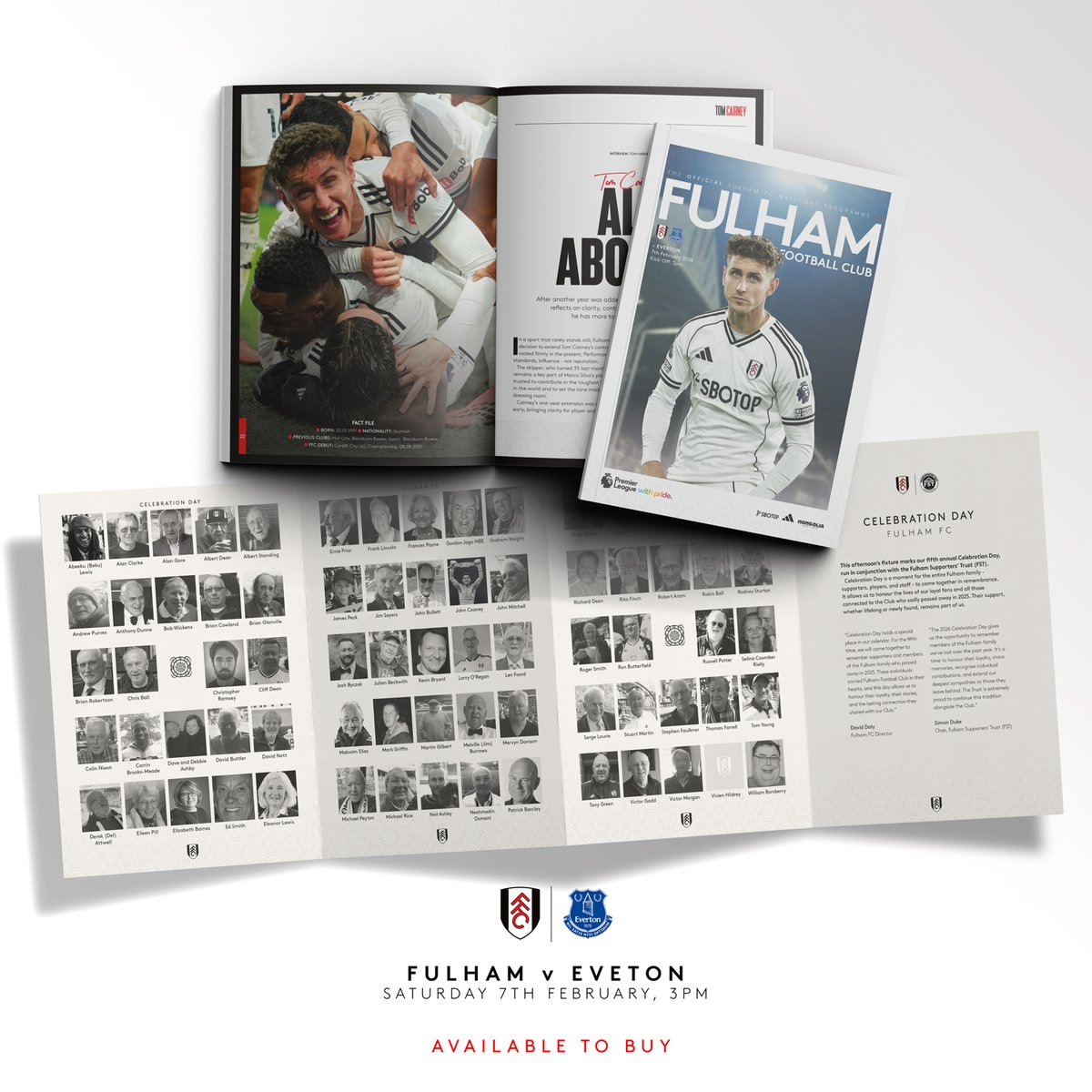 This weekend's fixture between <a href="/FulhamFC/">Fulham Football Club</a> &amp; <a href="/Everton/">Everton</a> is available to order now from: <a href="/Pressboxpublish/">Pressbox Publishing</a>

Saturday afternoon’s match marks the fifth annual Celebration Day and is a moment for the entire Fulham family - supporters, players and staff - to come together in remembrance.