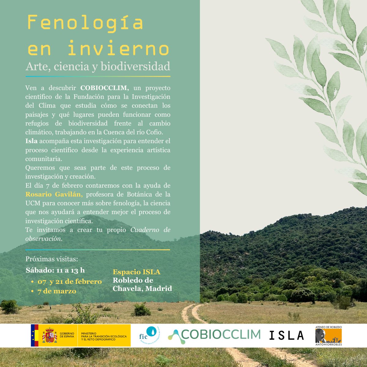 Te invitamos a participar en el encuentro de arte y ciencia del proyecto COBIOCCLIM, centrado en la #fenología y el #CambioClimático, que tendrá lugar en Espacio ISLA (Robledo de Chavela).

 #Biodiversidad  #Ciencia #ConectividadEcológica