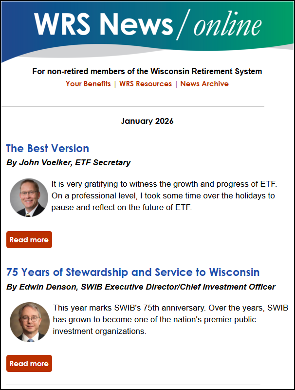 WI_ETF's tweet photo. Are you a state or local public employee under the Wisconsin Retirement System?

View the latest issue of WRS News Online, an e-newsletter that updates you on anything related to your WRS benefits.

Read and subscribe here: https://t.co/EiWtGIKffI https://t.co/vo7O252c3Q
