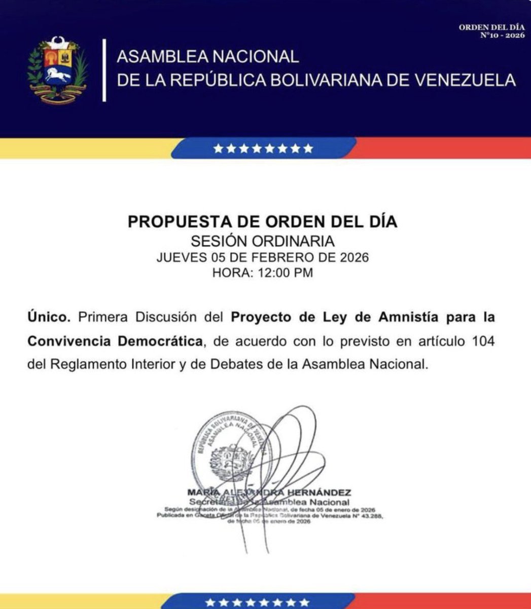 🚨Venezuela 🇻🇪: Hoje entra na pauta do parlamento venezuelano a anistia para os presos e perseguidos políticos do regime chavista.