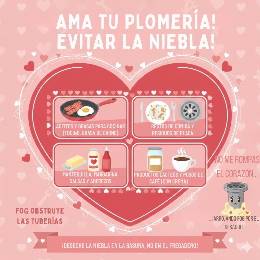 ¡No le rompas el corazón a tus tuberías este Día de San Valentín! Demuéstrales tu cariño lavando los platos y desechando los residuos de forma responsable. Deja que se enfríen, guarda los restos de comida en un recipiente y tíralos a la basura.