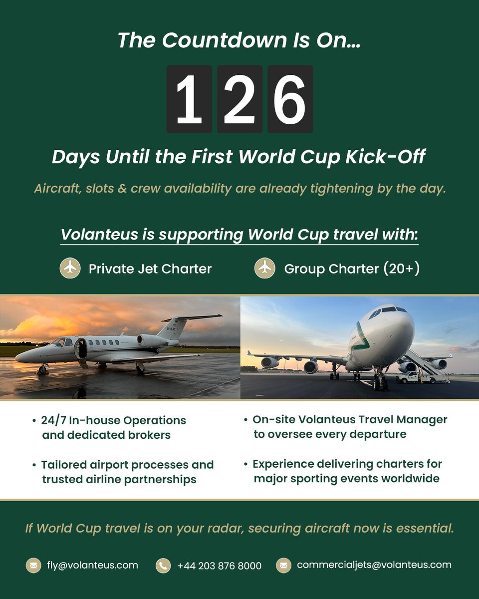 There's only 126 days to go until the World Cup... ⚽

If World Cup travel is on your radar, securing aircraft now is essential. 

Private jet enquiries: ✉️ fly@volanteus.com
Group charter enquiries: ✉️ commercialjets@volanteus.com
Or call us on:📞 +44 (0) 203 876 8000