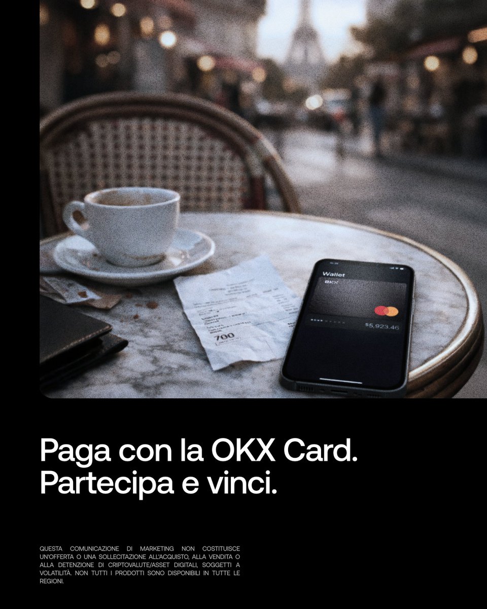 OKXItalian's tweet image. Vinci fino a 5.000 € 🇪🇺

🛍️ Fai un acquisto con la OKX Card
📸 Pubblicalo su X con #PaidWithCrypto

🏆 Premi:
• 1 vincitore: 2.000 €
• 2 secondi classificati: 1.500 € ciascuno

⏰ Termina il: 28 febbraio
*Solo per utenti SEE.

Inizia ora.

Si applicano termini e condizioni